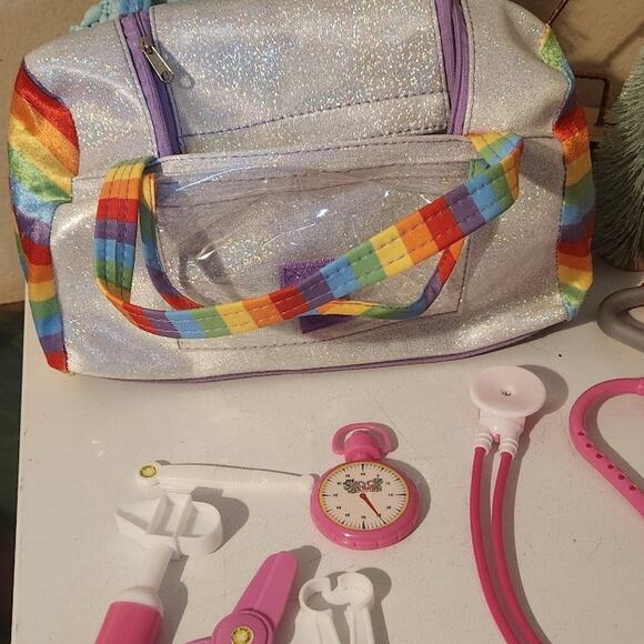 Dr doctor kit gently used in fun rainbow glitter bag  2 stethoscopes & tools - Picture 4 of 8